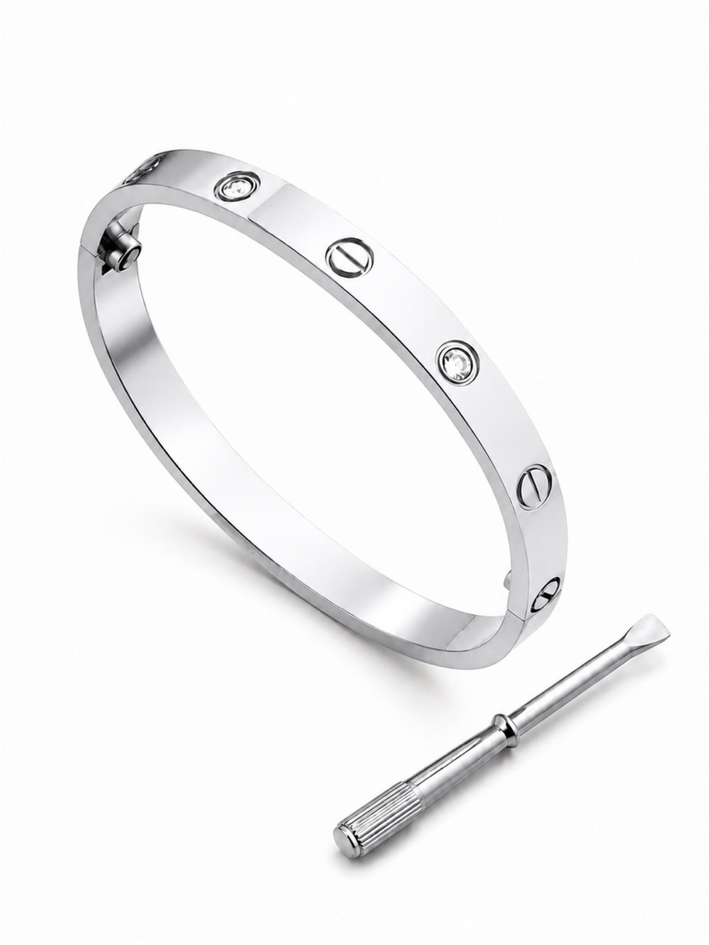 Stamped Platinum Love Screwdriver Bangle Bracelet with Stones